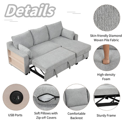 90" Pull Out Sleeper Sofa L-Shaped Couch Convertible Sofa Bed with Storage Chaise, Storage Racks and USB Ports, Light Grey