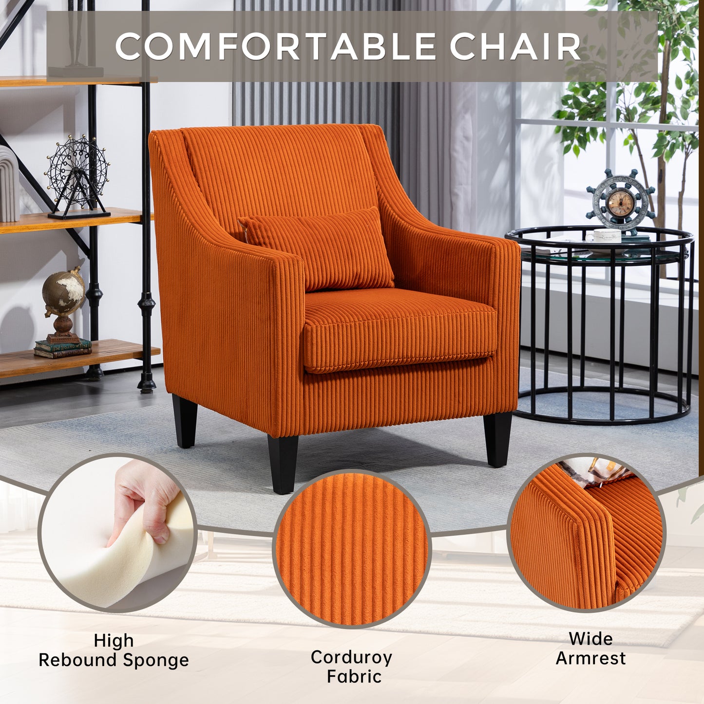 Modern Accent Chair,Upholstered Armchair with Scooped Arms for Bedroom,Apartment,Studio,Office,Waiting Room(Orange Corduroy)