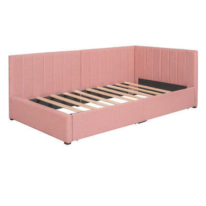 Upholstered Daybed with 2 Storage Drawers Twin Size Sofa Bed Frame No Box Spring Needed, Linen Fabric (Pink)