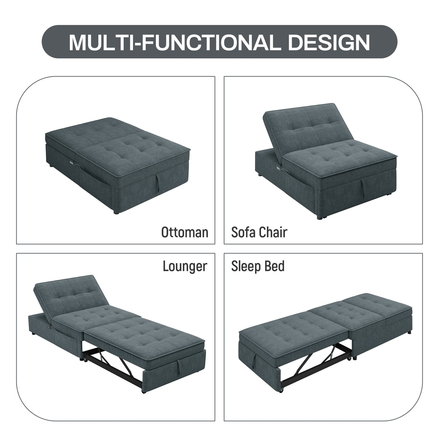 4-in-1 Sofa Bed, Chair Bed, Multi-Function Folding Ottoman Bed with Storage Pocket and USB Port for Small Room Apartment,Living Room,Bedroom,Hallway, Deep Blue