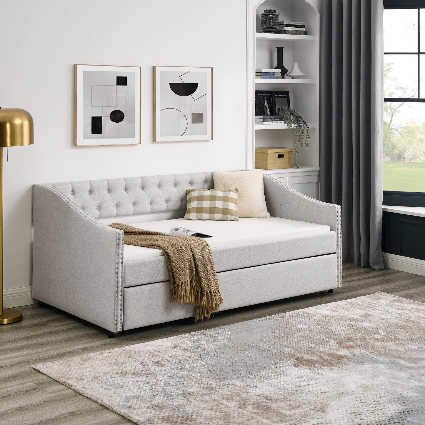 Size Daybed with Twin Size Trundle Upholstered Tufted Sofa Bed, with Button on Back and Copper Nail on Waved Shape Arms, Beige (80.5"x41"x30.5")