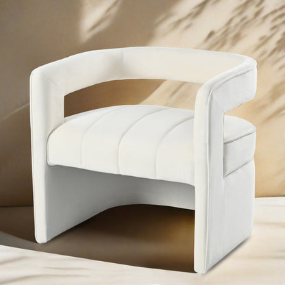 Modern Velvet Accent Chair with Ribbed Detail, Luxury Curved Fully Upholstered Accent Chair, Ivory White (No Assembly Needed)