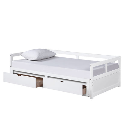 Wooden Daybed with Trundle Bed and Two Storage Drawers, Extendable Bed Daybed,Sofa Bed for Bedroom Living Room,White