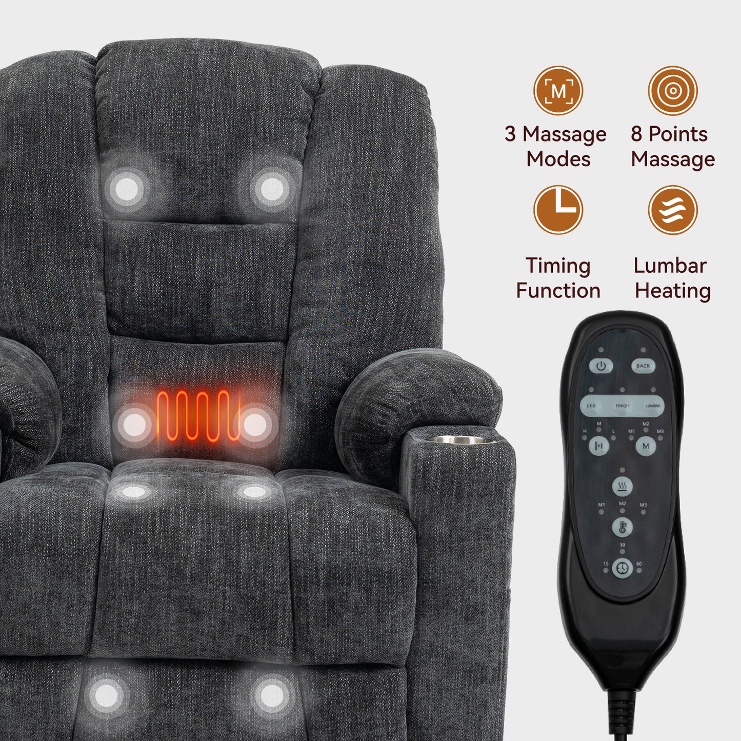 Large Power Lift Recliner Chair with Massage and Heat for Elderly, Overstuffed Wide Recliners, Heavy Duty Motion Mechanism with USB and Type C Ports, 2 Steel Cup Holders, Gray