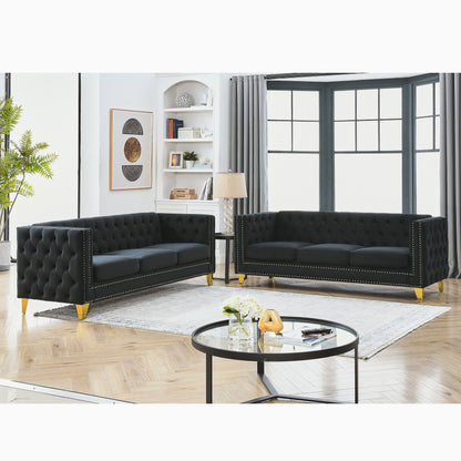 Velvet Sofa for Living Room,Buttons Tufted Square Arm Couch, Modern Couch Upholstered Button and Metal Legs, Sofa Couch for Bedroom, Black Velvet,2PCS