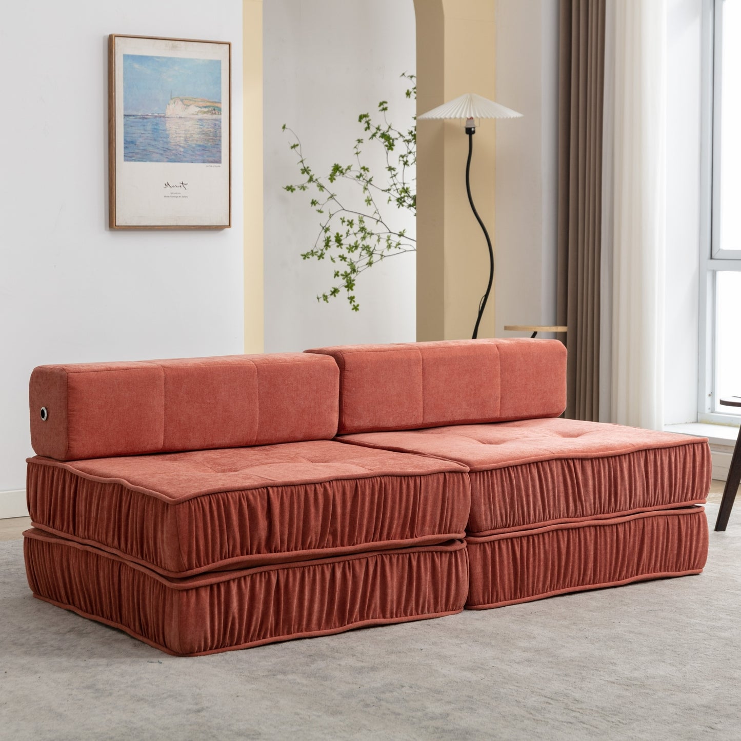 Folding Sofa Bed, Futon Sleeper Chair, Convertible Chair Floor Couch & Sleeping Mattress for Living Room, Guest Room, Home Office, Apartment, Small space, Bed, Removable Back Cushion, Orange, 1 Seat