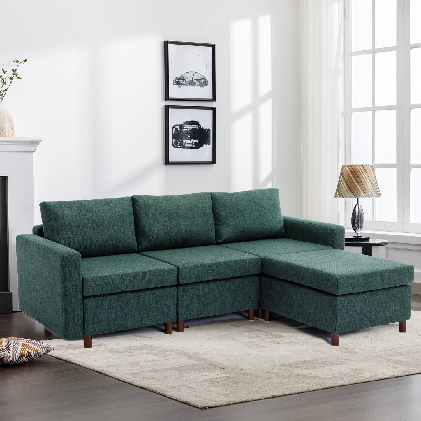 3 Seat Module Sectional Sofa Couch With 1 Ottoman for living room,Seat Cushion and Back Cushion Non-Removable and Non-Washable,Green