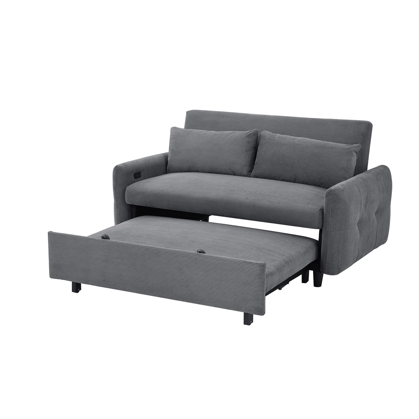 57.48" Pull-out Sofa Bed Convertible Couch 2 Seat Loveseat Sofa Modern Sleeper Sofa with Two Throw Pillows and USB Ports for Living Room, Dark Grey