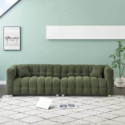 102-inch green teddy fleece sofa with two throw pillows in living room Bedroom apartment sofa supported by hardware feet