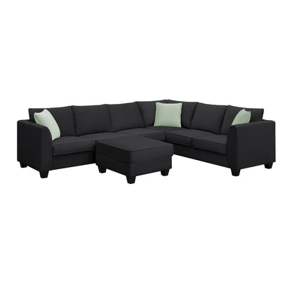 112*87" Sectional Sofa Couches Living Room Sets, 7 Seats Modular Sectional Sofa with Ottoman, L Shape Fabric Sofa Corner Couch Set with 3 Pillows, Black