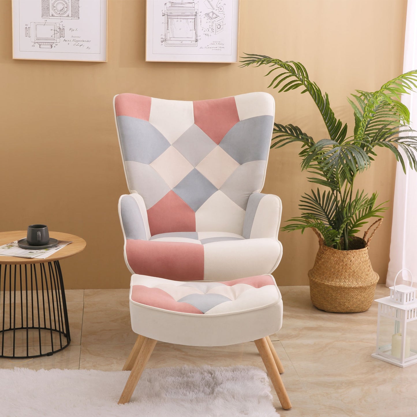 Accent Chair with Ottoman, Living Room Chair and Ottoman Set, Comfy Side Armchair for Bedroom, Creative Splicing Cloth Surface