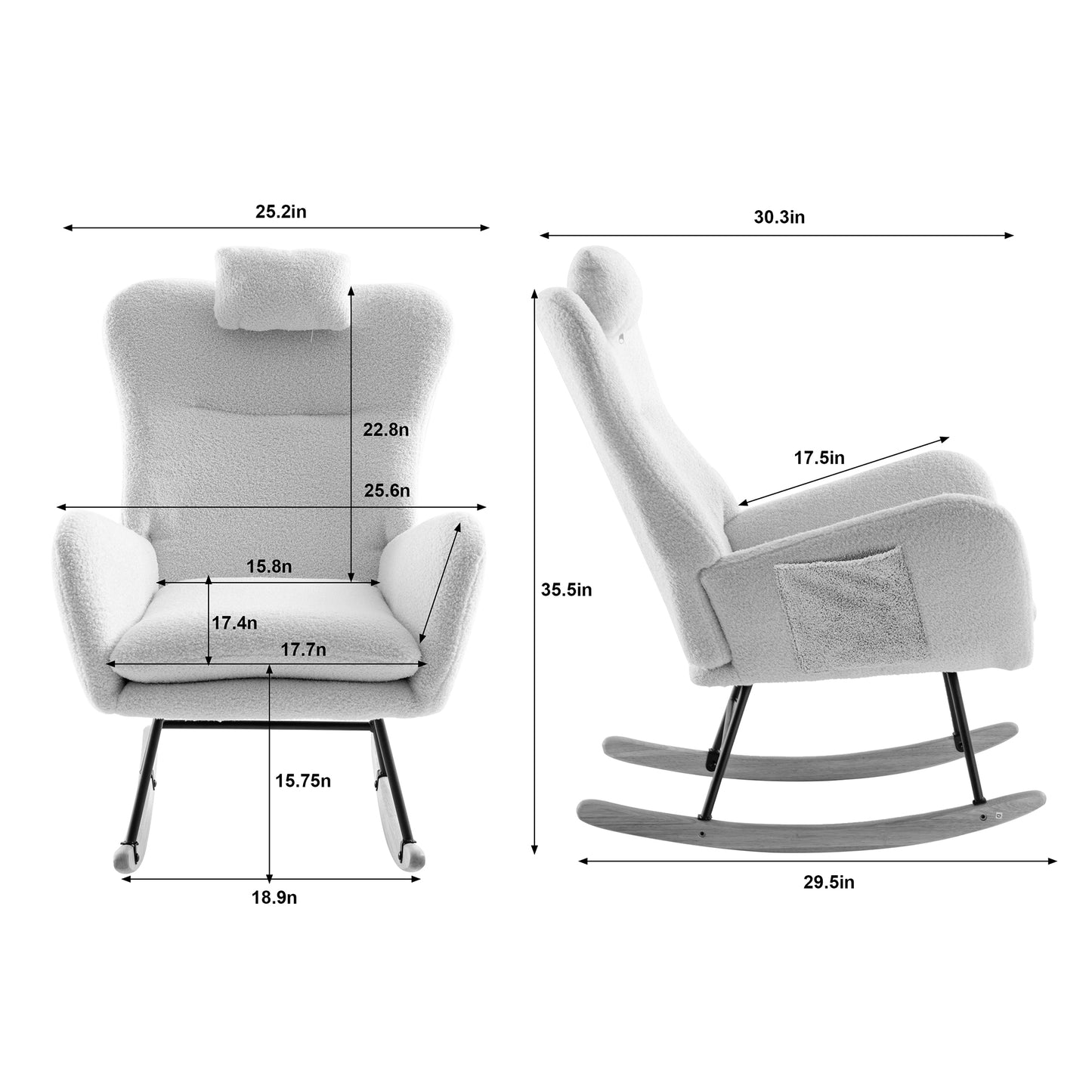 35.5 inch Rocking Chair with Pocket, Soft Teddy Fabric Rocking Chair for Nursery, Comfy Wingback Glider Rocker with Safe Solid Wood Base for Living Room Bedroom Balcony (white)