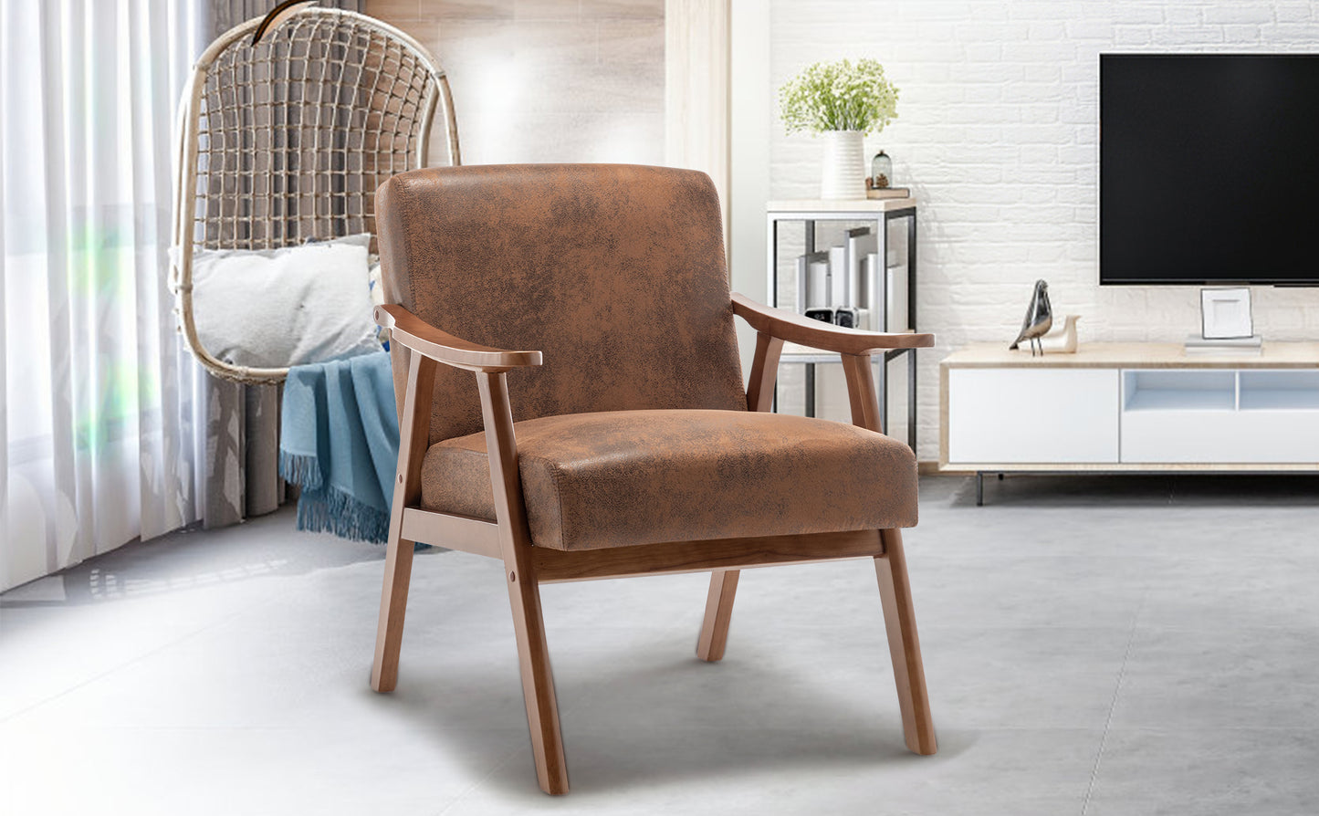 Mid-Century Modern Chair, Living Room Chair with Solid Wood Frame, Accent Chair Extra-Thick Backrest, Wingback Chair for Bedroom, Reading Room, Living Room, Lounge Chair Indoor