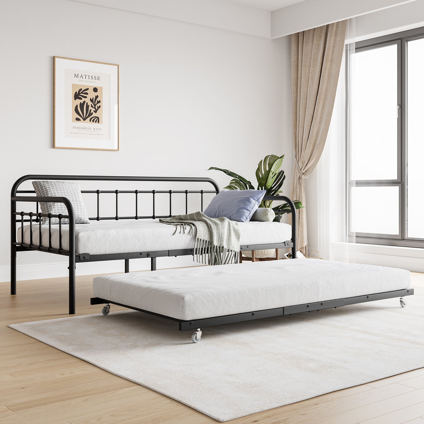 Size Metal Daybed Frame with Trundle, Heavy Duty Steel Slat Support Sofa Bed Platform with Headboard, No Box Spring Needed, Black