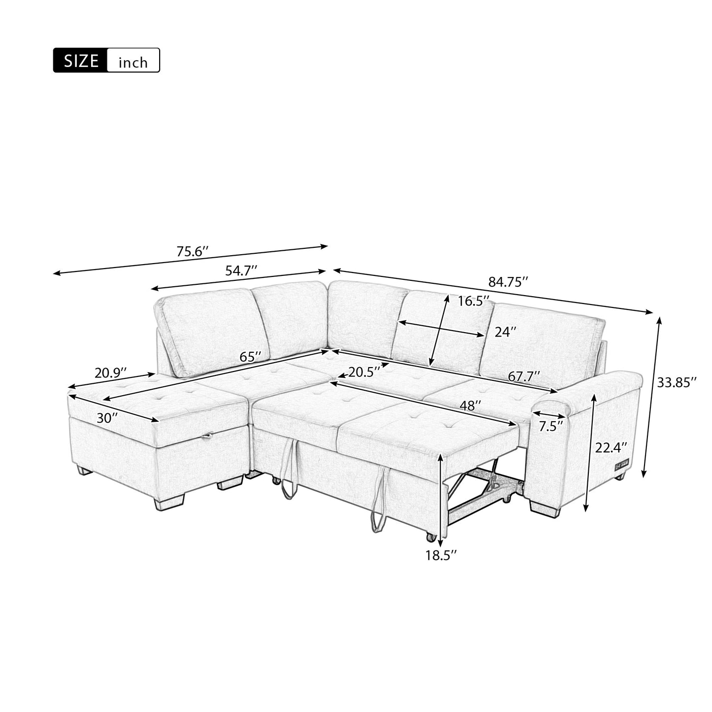 Sleeper Sectional Sofa, L-Shape Corner Couch Sofa-Bed with Storage Ottoman & Hidden Arm Storage & USB Charge for Living Room Apartment, Dark Gray