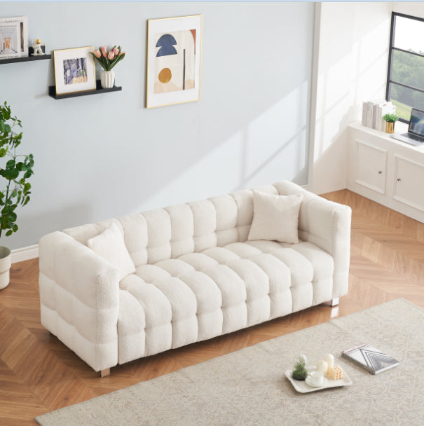 Beige White and teddy plush sofa 80 inch discharge in living room bedroom with two throw pillows hardware foot support