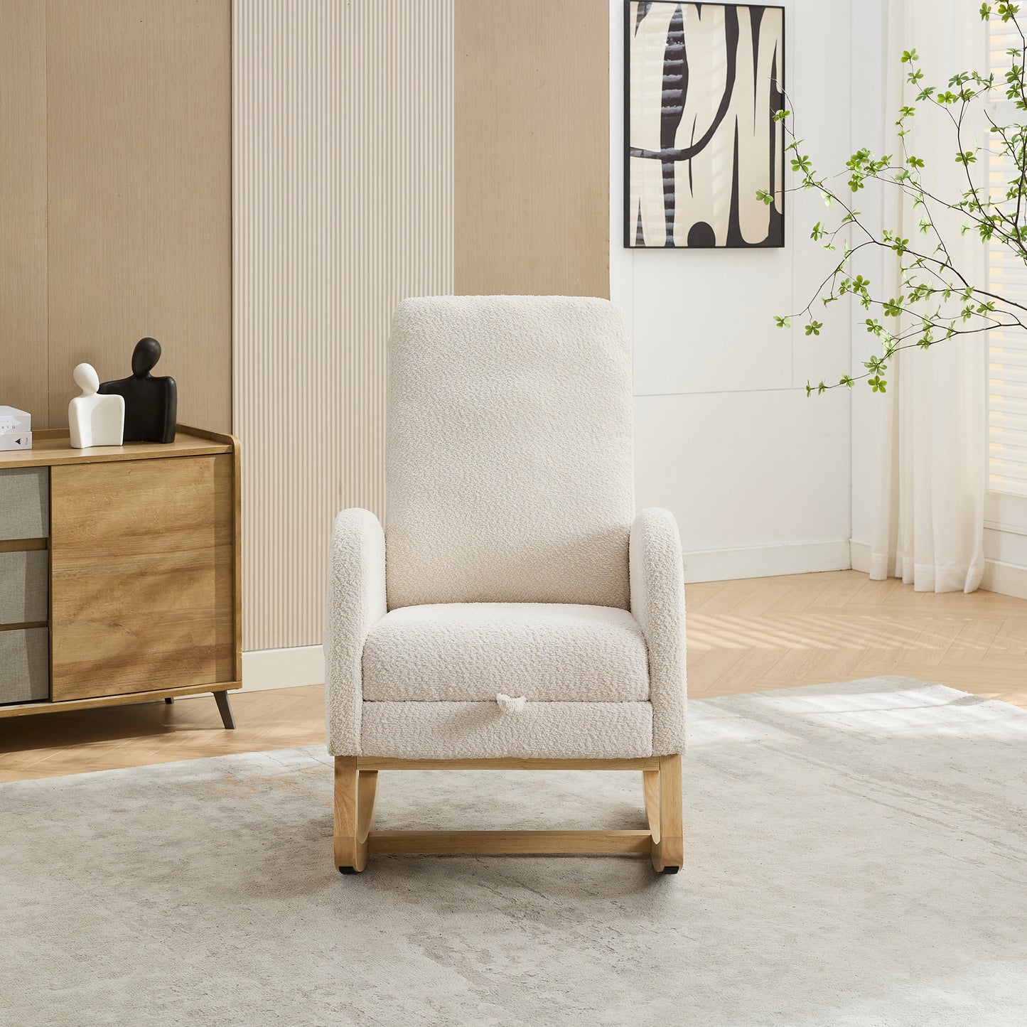 25.4"W Rocking Chair for Nursery, High Back Glider Chair with Retractable Footrest, Side Pocket, Rocking Accent Armchair with Rubber Wood Legs for Living Room/Bedroom.Ivory