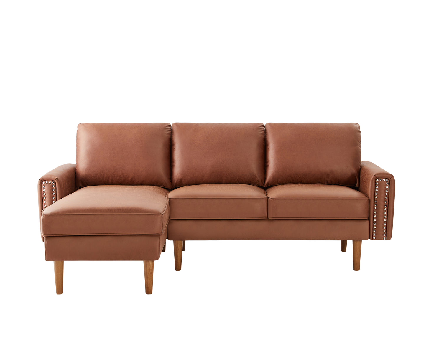 82.2"L-Shape Sofa Couch with Chais Mid-Century Copper Nail on Arms,strong wooden leg and suede fabric design that will complement any living space.Left Chaise, Brown