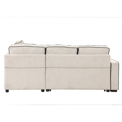 83" L-Shaped Pull Out Sofa Bed Modern Convertible Sleeper Sofa with 2 USB ports, 2 Power Sockets and 3 Pillows for Living Room, Bedroom, Office, Cream