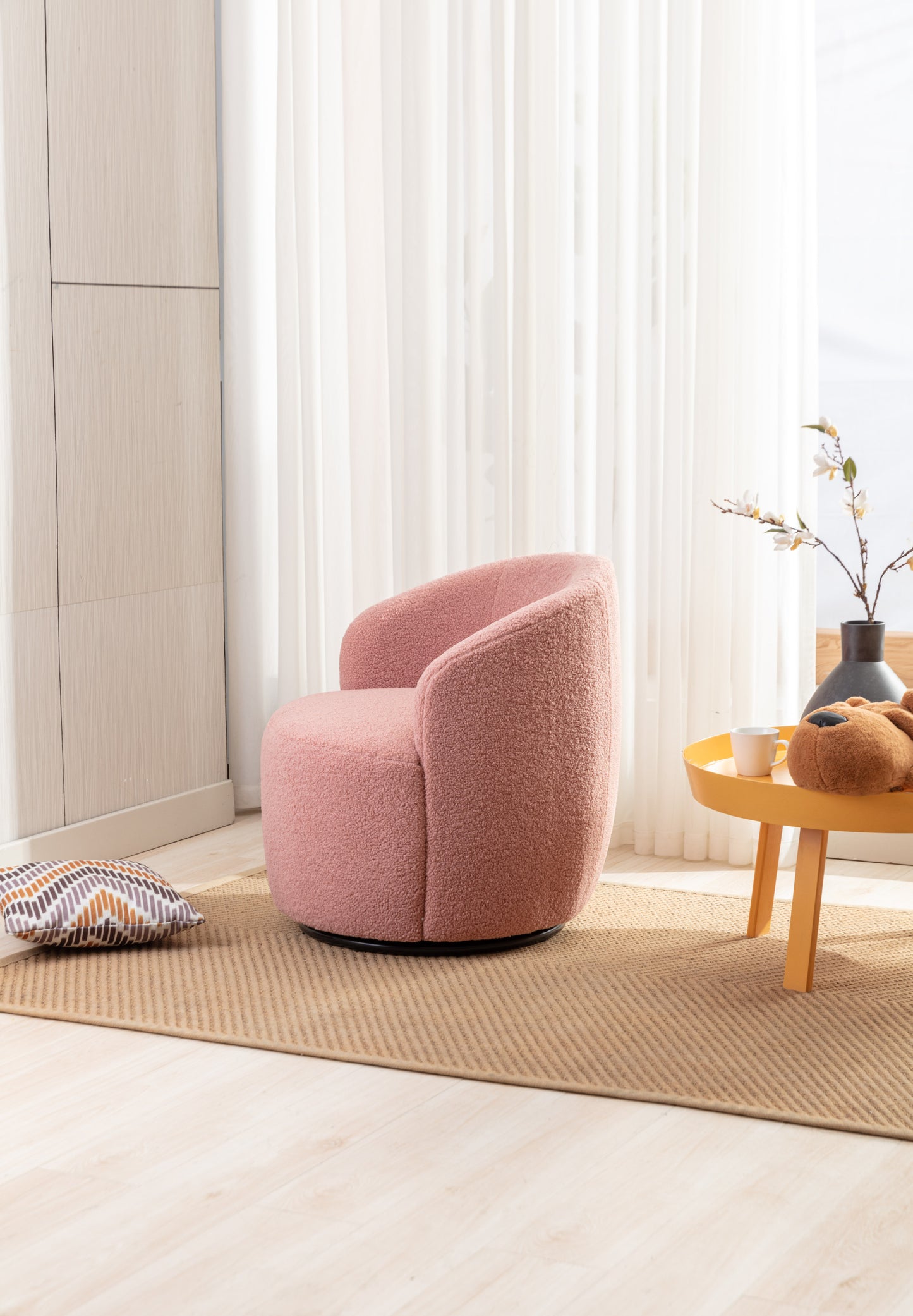 Teddy Fabric Swivel Accent Armchair Barrel Chair With Black Powder Coating Metal Ring,Light Pink