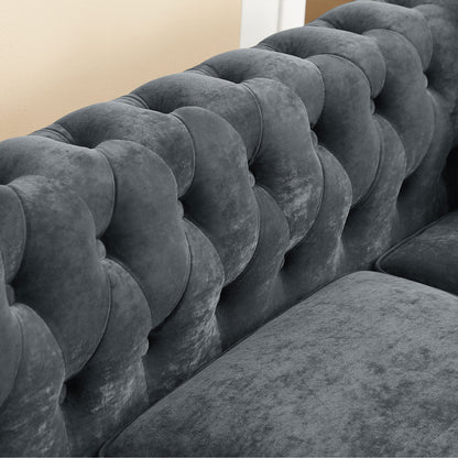 80" Deep Button Tufted Upholstered Roll Arm Luxury Classic Chesterfield L-shaped Sofa 3 Pillows Included, Solid Wood Gourd Legs, Grey velvet