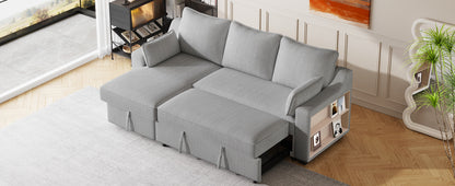 90" Pull Out Sleeper Sofa L-Shaped Couch Convertible Sofa Bed with Storage Chaise, Storage Racks and USB Ports, Light Grey