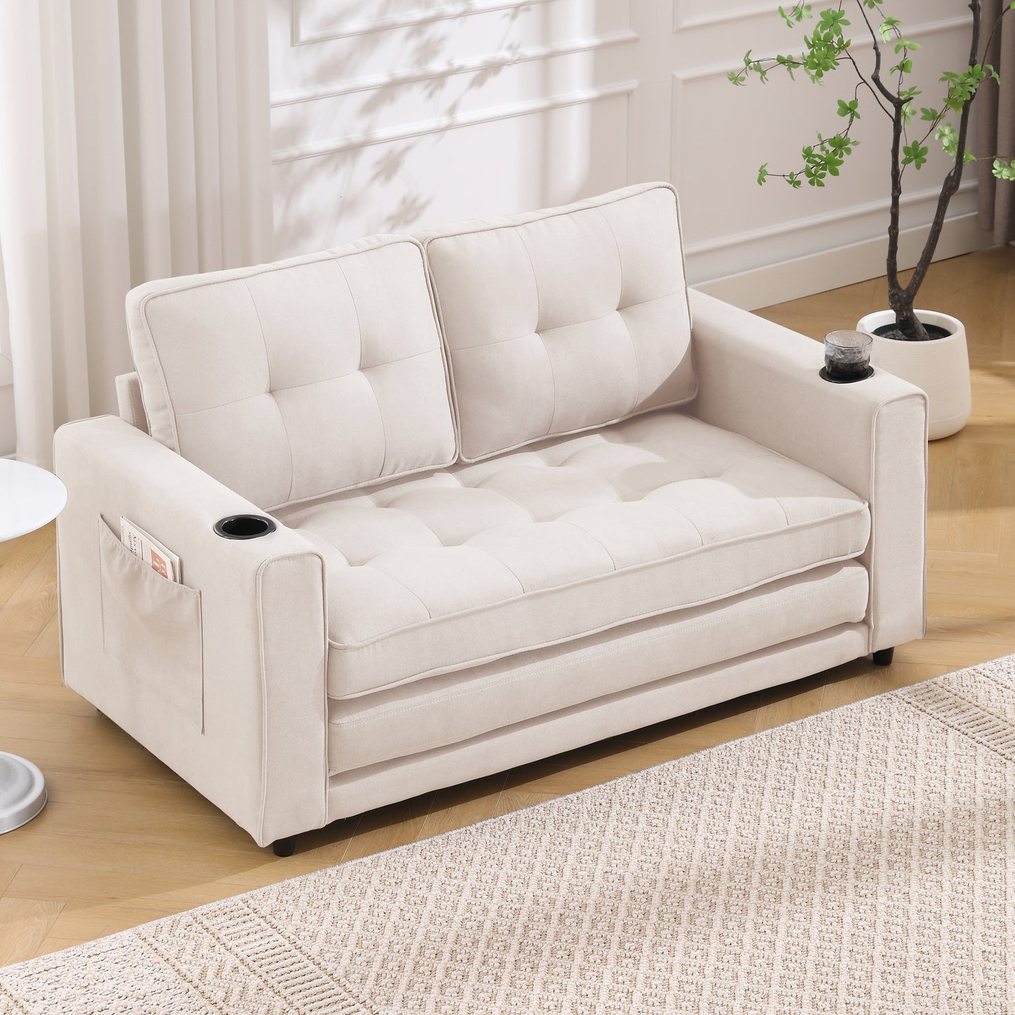 3-in-1 Upholstered Futon Sofa Convertible Sofa bed,Foldable Tufted Loveseat with Pull Out Sleeper Couch Bed,Folding Mattres Love Seat Daybed W/Side Pockets and Cup Holder, Beige