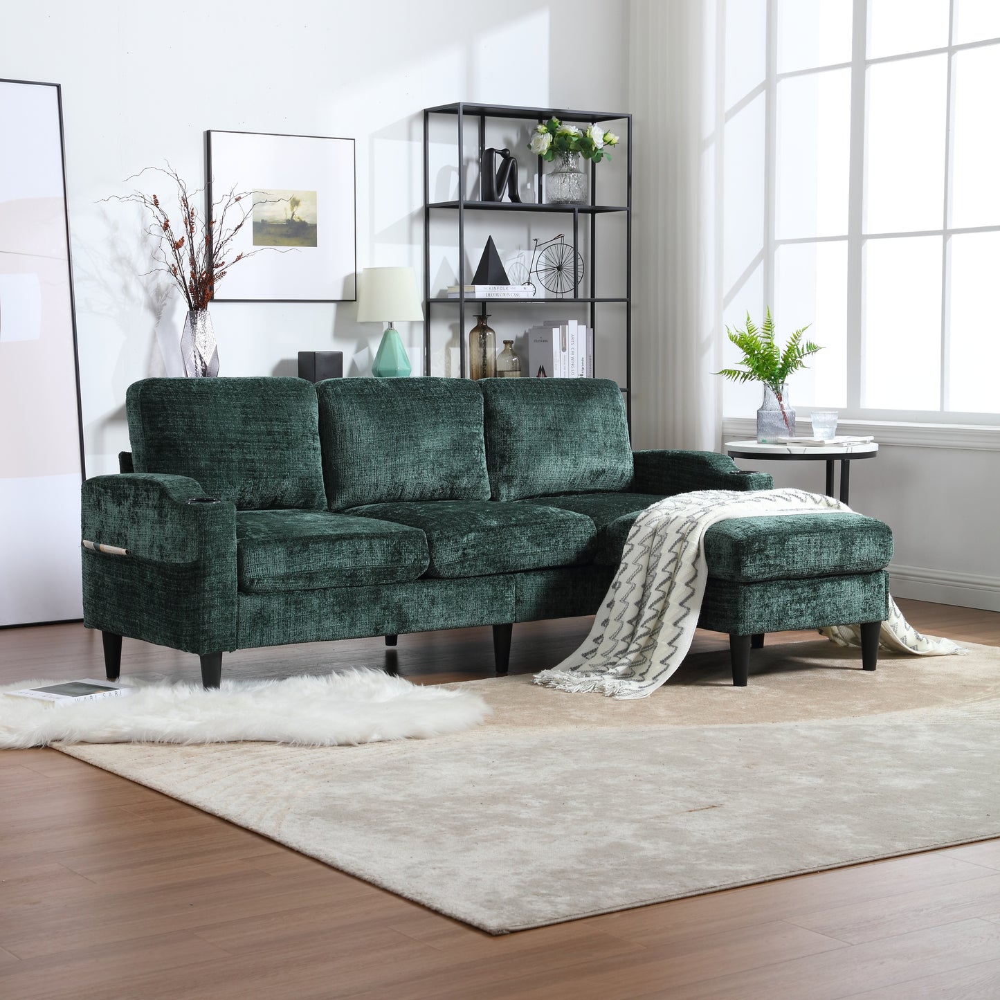 Sofa for three, solid wood frame, Chenille fabric, side pocket, with two cup holders, footstool with storagestorage sofa /Living room sofa cozy sectional sofa