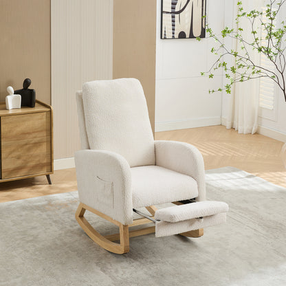 25.4"W Rocking Chair for Nursery, High Back Glider Chair with Retractable Footrest, Side Pocket, Rocking Accent Armchair with Rubber Wood Legs for Living Room/Bedroom.Ivory