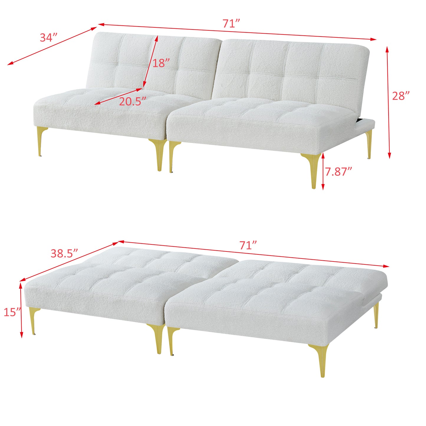 Convertible sofa bed futon with gold metal legs teddy fabric