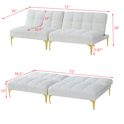 Convertible sofa bed futon with gold metal legs teddy fabric