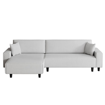 The 93-inch grey corduroy sofa bed comes with two pillows to fit in the living room and the apartment is not overcrowded