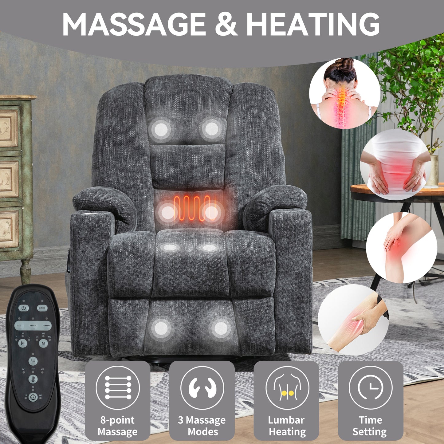 Large Power Lift Recliner Chair with Massage and Heat for Elderly, Overstuffed Wide Recliners, Heavy Duty Motion Mechanism with USB and Type C Ports, 2 Steel Cup Holders, Gray