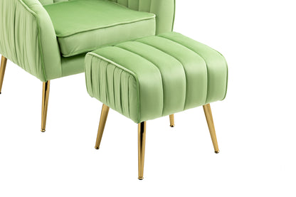 Velvet Accent Chair with Ottoman, Modern Tufted Barrel Chair Ottoman Set for Living Room Bedroom, Golden Finished, Grass Green