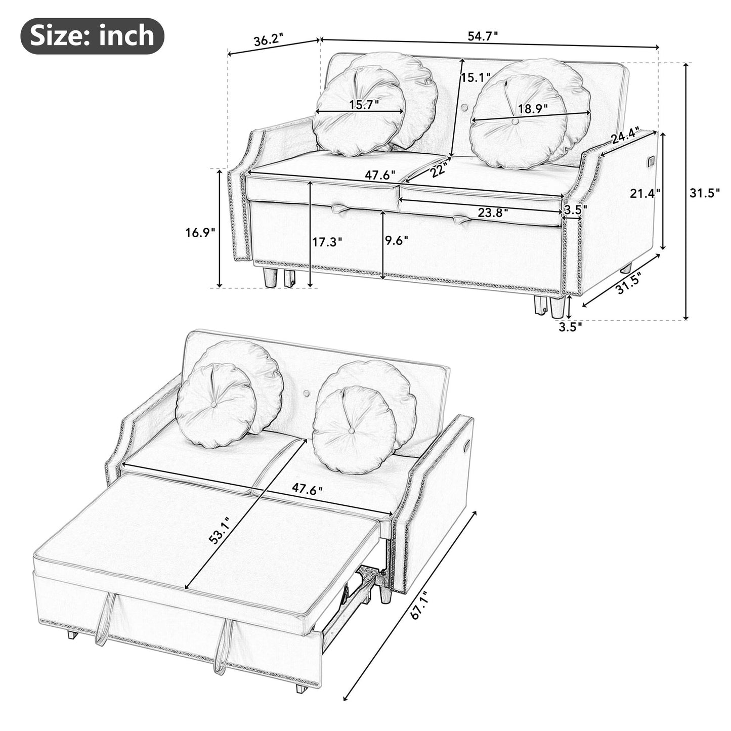 54.7" Multiple Adjustable Positions Sofa Bed Stylish Sofa Bed with a Button Tufted Backrest, Two USB Ports and Four Floral Lumbar Pillows for Living Room, Bedroom,or Small Space, Light Grey