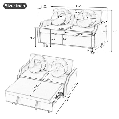 54.7" Multiple Adjustable Positions Sofa Bed Stylish Sofa Bed with a Button Tufted Backrest, Two USB Ports and Four Floral Lumbar Pillows for Living Room, Bedroom,or Small Space, Light Grey