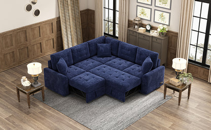 82.6" L-shape Sofa Bed Pull-out Sleeper Sofa with Wheels, USB Ports, Power Sockets for Living Room, Navy Blue