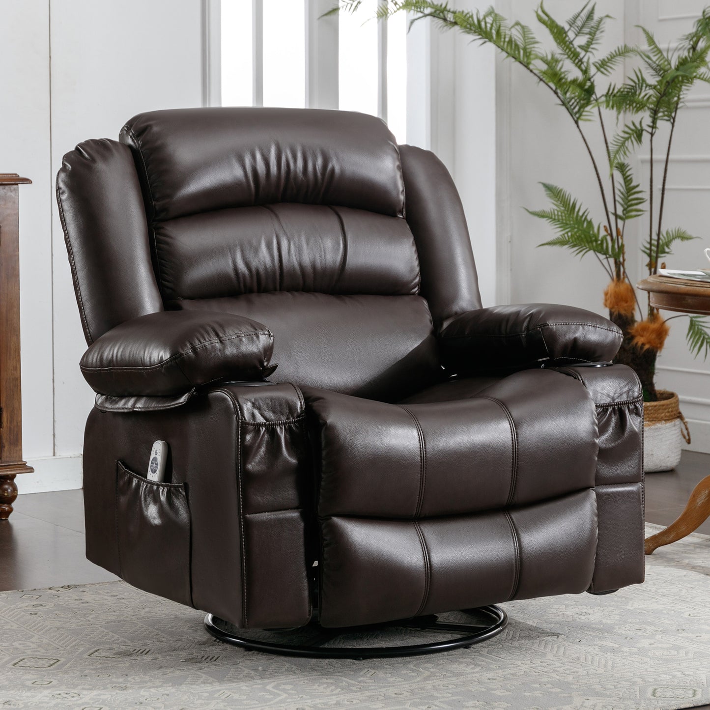 Massage Swivel Rocker Recliner Chair with Vibration Massage and Heat Ergonomic Lounge Chair for Living Room with Rocking Function and Side Pocket  2 Cup Holders USB Charge Port,BROWN