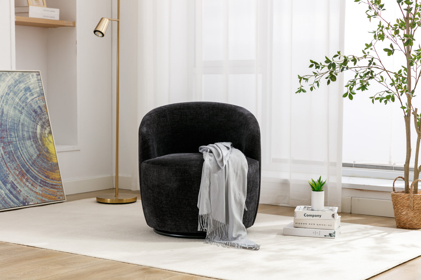 Fabric Swivel Accent Armchair Barrel Chair With Black Powder Coating Metal Ring,Black