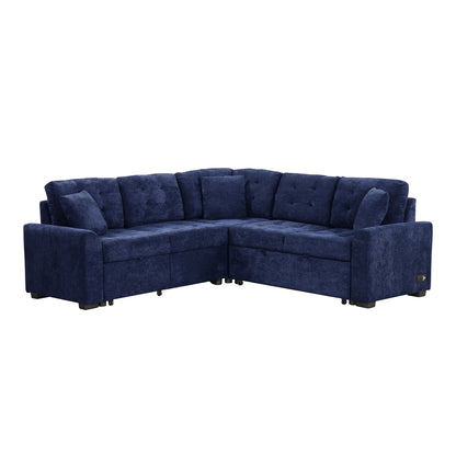 82.6" L-shape Sofa Bed Pull-out Sleeper Sofa with Wheels, USB Ports, Power Sockets for Living Room, Navy Blue