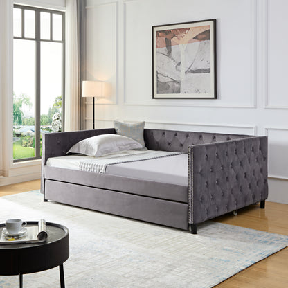 Sofa bed with wheels, upgraded velvet upholstered sofa bed, with Button and Copper Nail on Square Arms,bedroom living room furniture (gray,full,82.75"x58"x30.75")