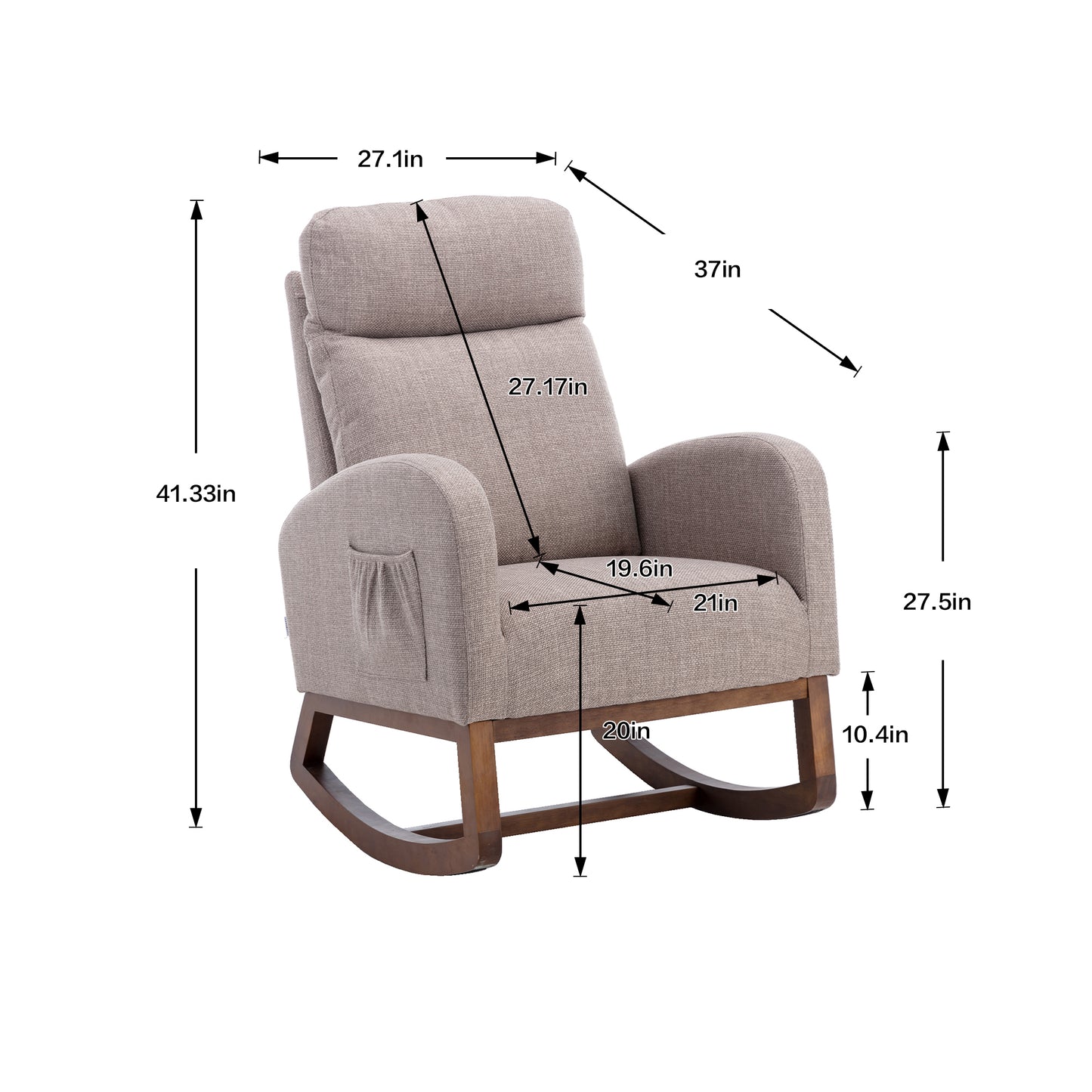 Rocking Chair, Modern Glider Chair, Recliner Armchair with Wood Legs and Side Pocket, Nursery Rocking Accent Chair with High Back for Living Room Bedroom (Grey linen)