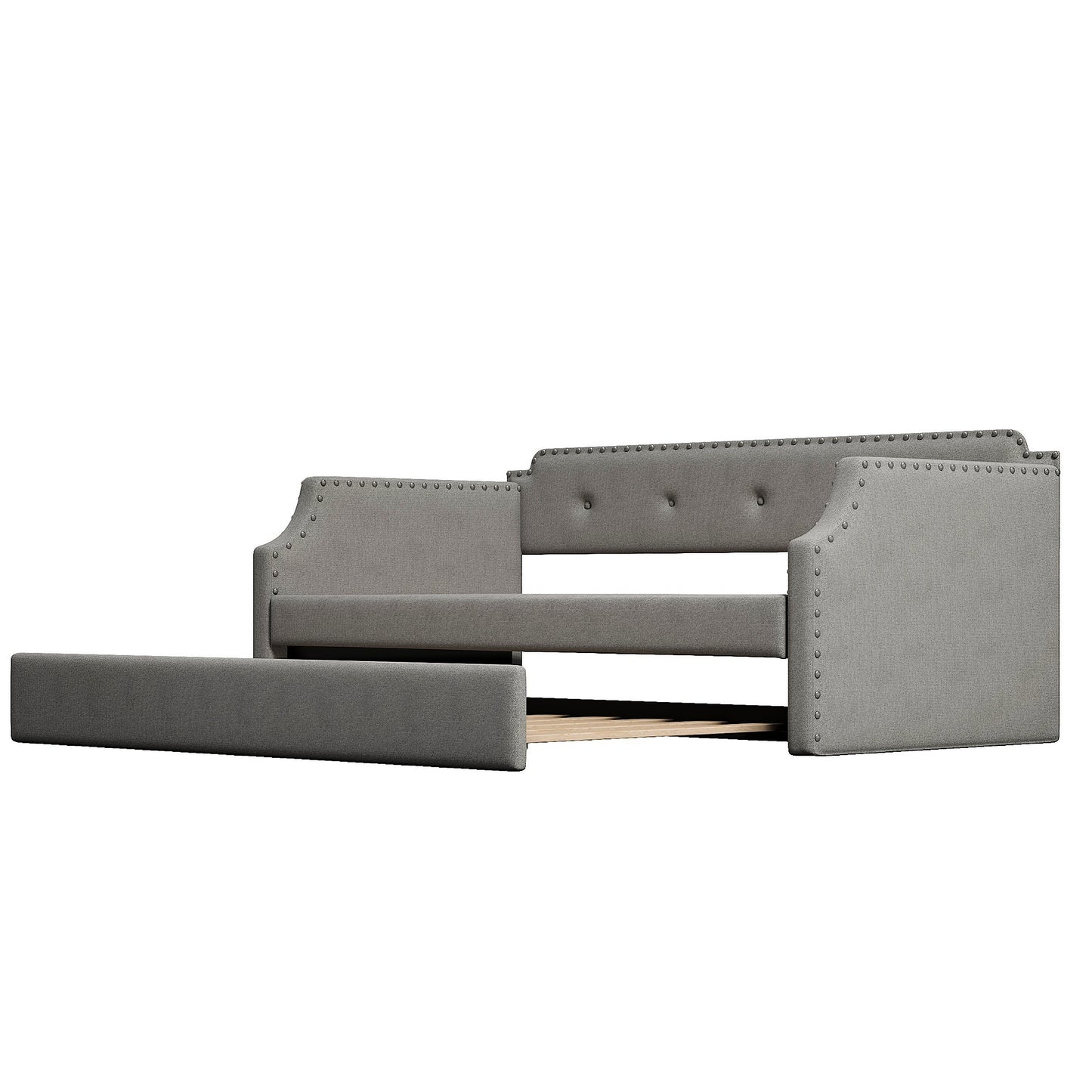 Upholstered Daybed with Trundle, Wood Slat Support,Upholstered Frame Sofa Bed, Twin,Gray