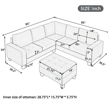 Sectional Corner Sofa L-shape Couch Space Saving with Storage Ottoman & Cup Holders Design for Large Space Dorm Apartment