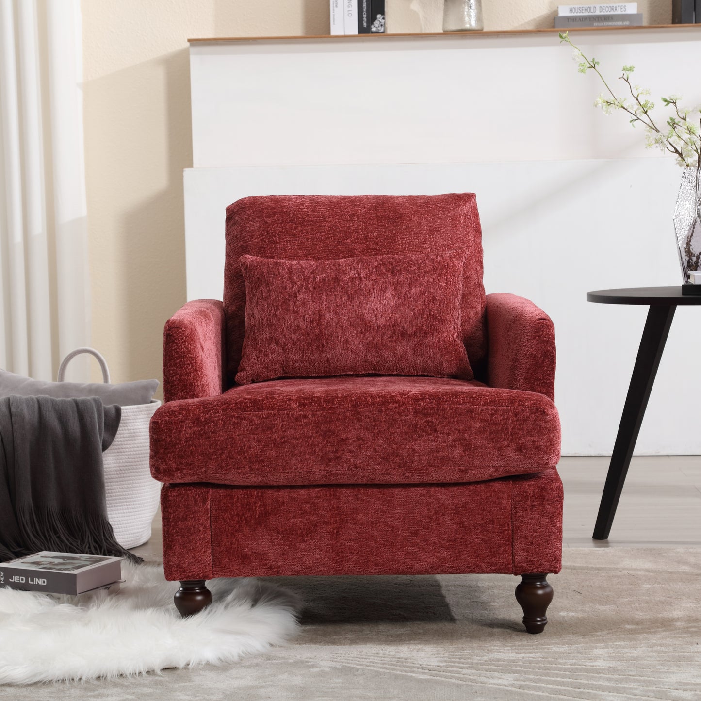 Wood Frame Armchair, Modern Accent Chair Lounge Chair for Living Room,Tufted Club Chair, Mid Century Modern Arm Chairs with Studded, Solid Wood Frame, for Bedroom, Reading(Wine red Chenille)