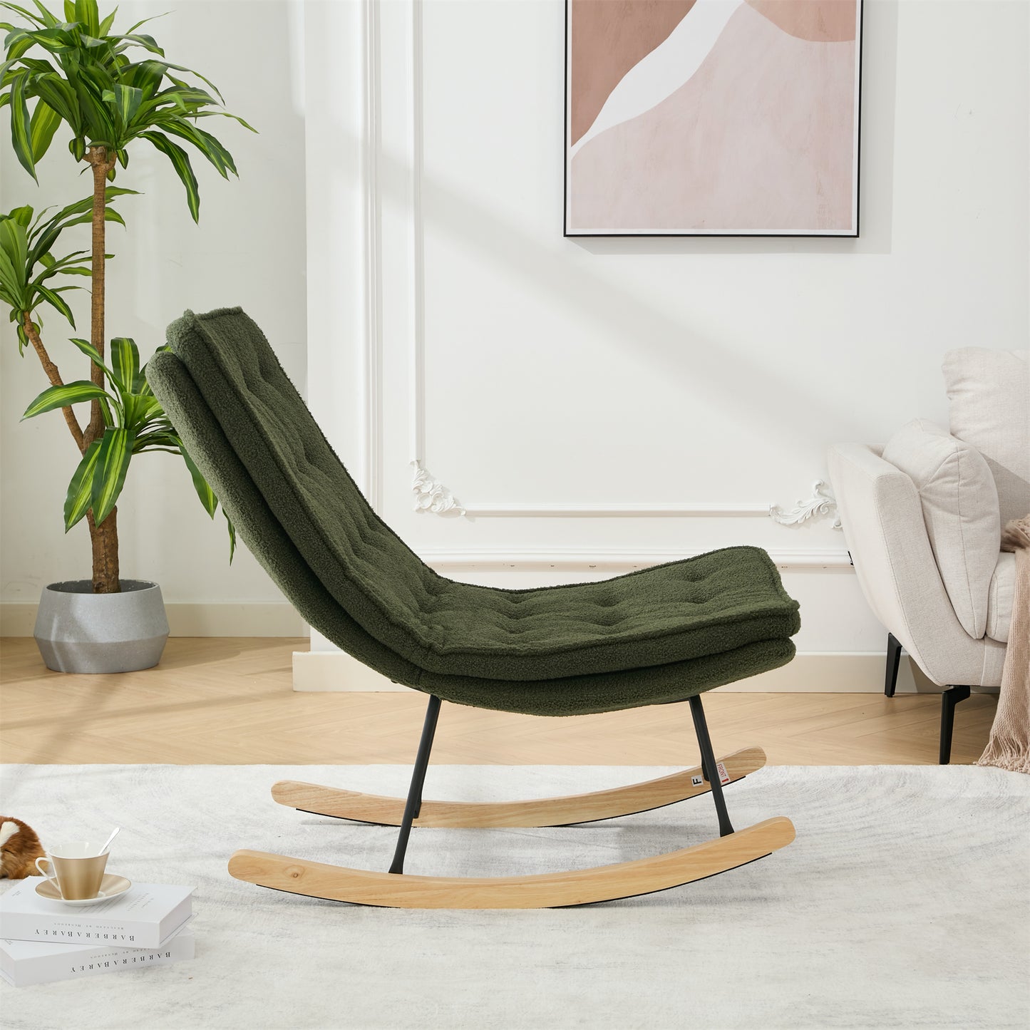 Lazy Rocking Chair,Comfortable Lounge Chair with Wide Backrest and Seat Wood Base, Upholstered Armless Rocker Chair for Living room, Balcony,Bedroom and Patio Porch. (DARK GREEN)