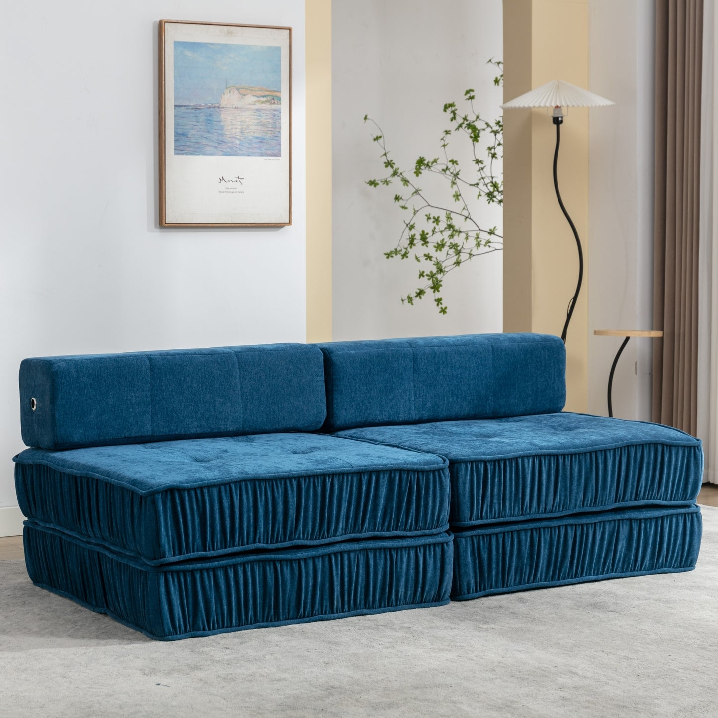 Folding Sofa Bed, Futon Sleeper Chair, Convertible Chair Floor Couch & Sleeping Mattress for Living Room, Guest Room, Home Office, Apartment, Small space, Bed, Removable Back Cushion, Blue, 1 Seat