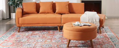 107" Contemporary Sofa Stylish Sofa Couch with a Round Storage Ottoman and Three Removable Pillows for Living Room, Orange