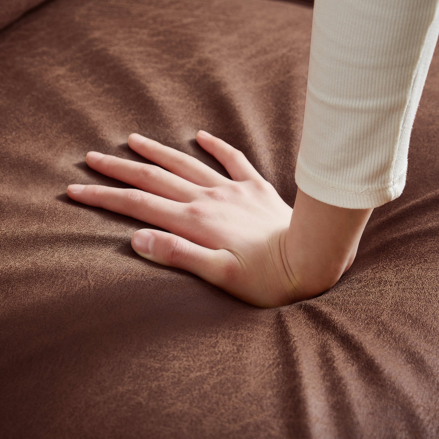 82.2"L-Shape Sofa Couch with Chais Mid-Century Copper Nail on Arms,strong wooden leg and suede fabric design that will complement any living space.Right Chaise,Dark Brown