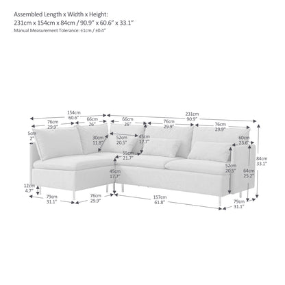 Modular L-shaped corner sofa, movable chaise facing left/right, beige cotton-linen -90.9 inches